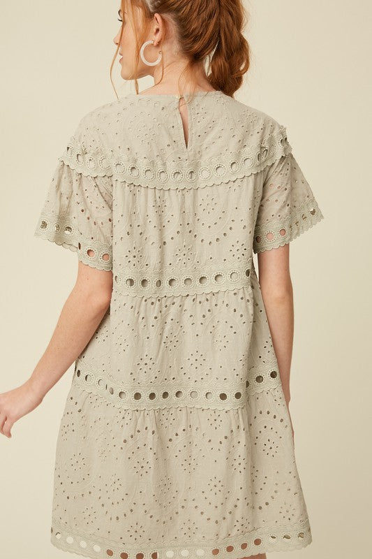 EMBROIDERY COTTON EYELET TIERED DRESS