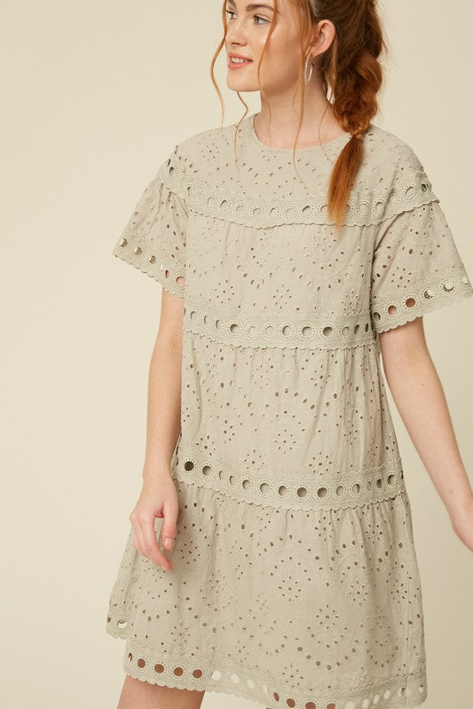 EMBROIDERY COTTON EYELET TIERED DRESS
