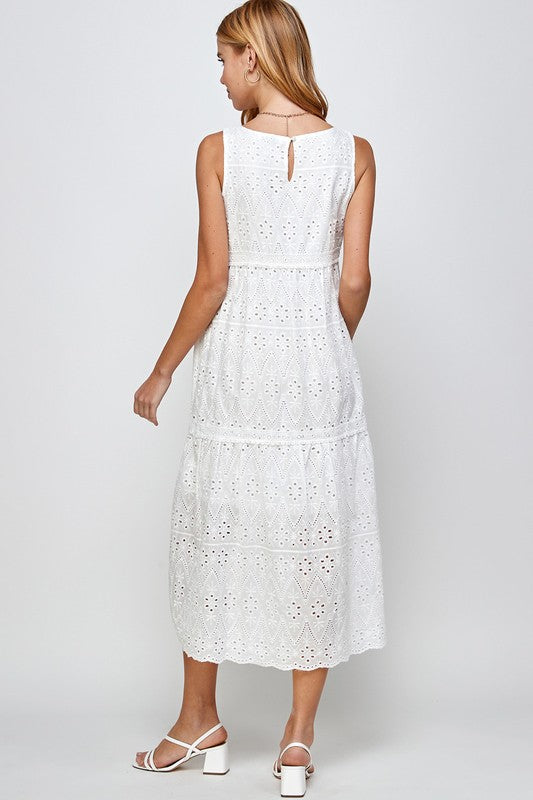 EYELET TIERED MIDI DRESS