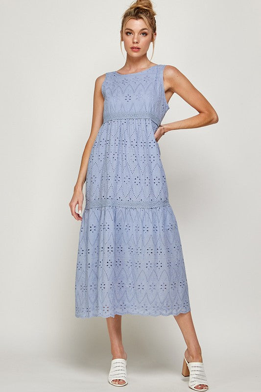 EYELET TIERED MIDI DRESS