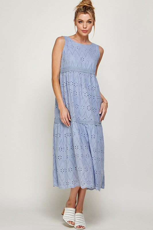 EYELET TIERED MIDI DRESS