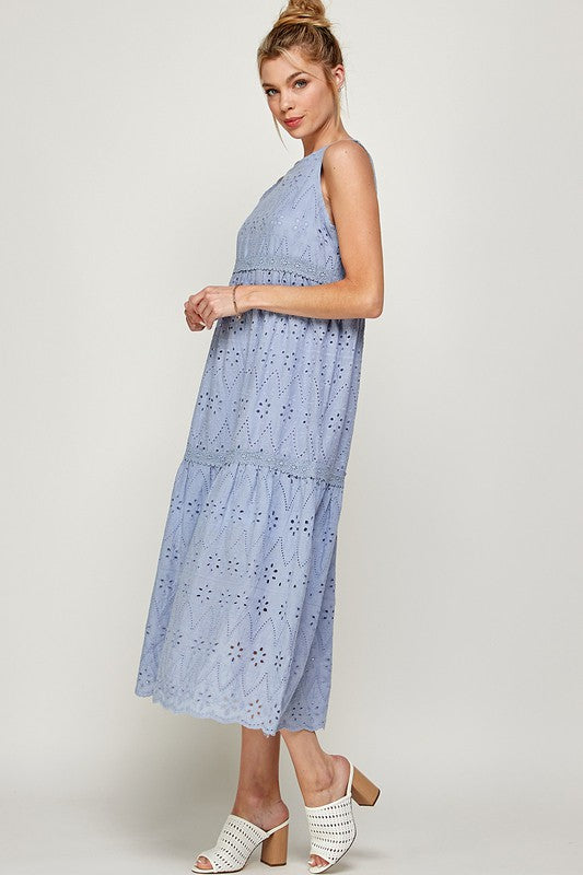 EYELET TIERED MIDI DRESS