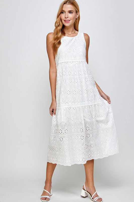 EYELET TIERED MIDI DRESS