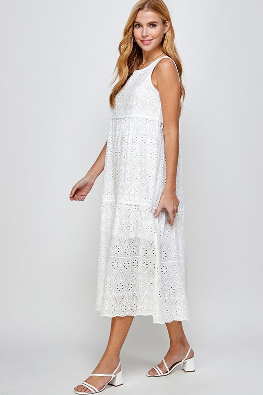 EYELET TIERED MIDI DRESS