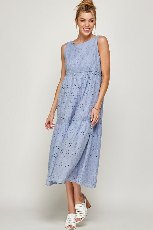 EYELET TIERED MIDI DRESS