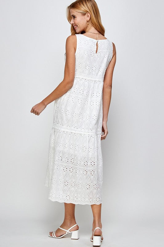 EYELET TIERED MIDI DRESS