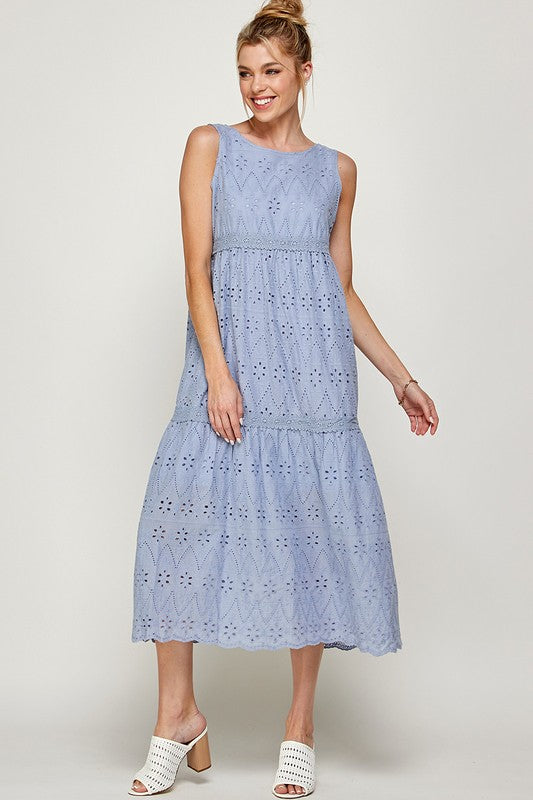 EYELET TIERED MIDI DRESS