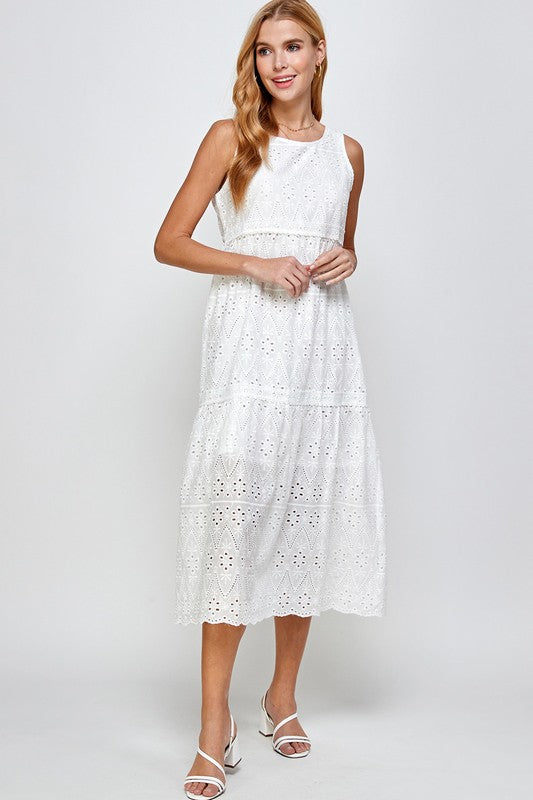 EYELET TIERED MIDI DRESS