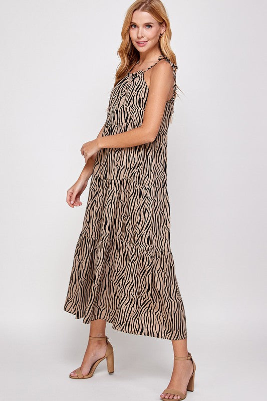 ANIMAL PRINT TIE SHOULDER MAXI DRESS