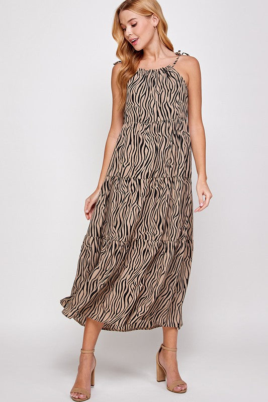 ANIMAL PRINT TIE SHOULDER MAXI DRESS