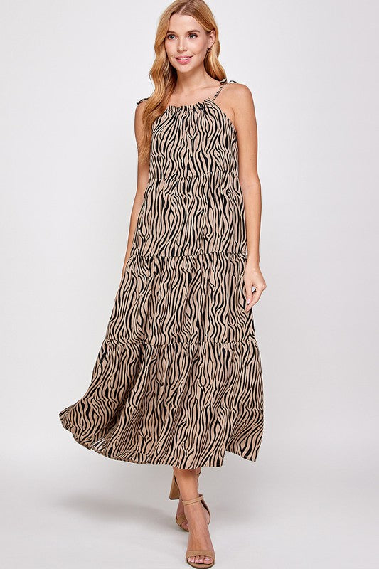 ANIMAL PRINT TIE SHOULDER MAXI DRESS