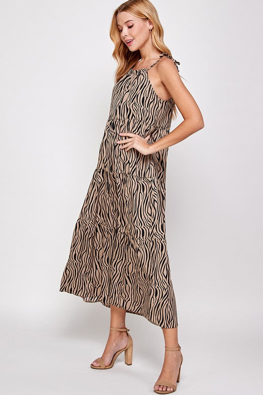 ANIMAL PRINT TIE SHOULDER MAXI DRESS