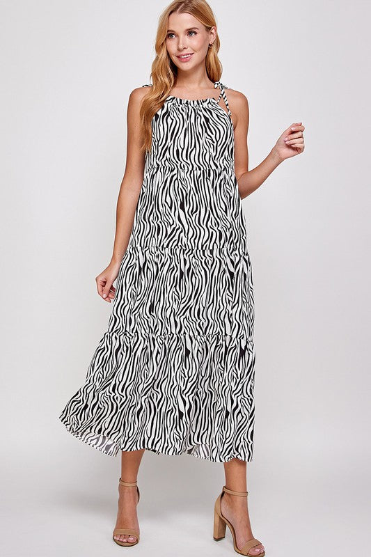 ANIMAL PRINT TIE SHOULDER MAXI DRESS