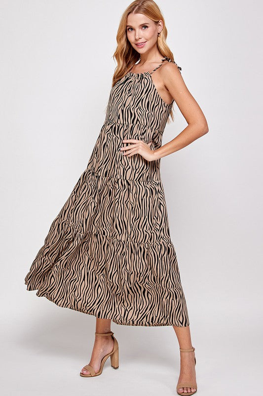 ANIMAL PRINT TIE SHOULDER MAXI DRESS