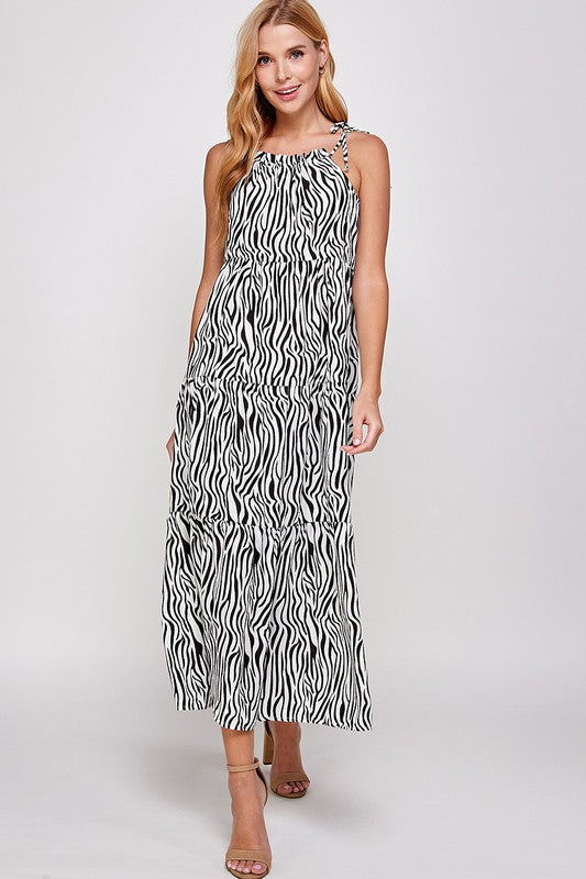 ANIMAL PRINT TIE SHOULDER MAXI DRESS