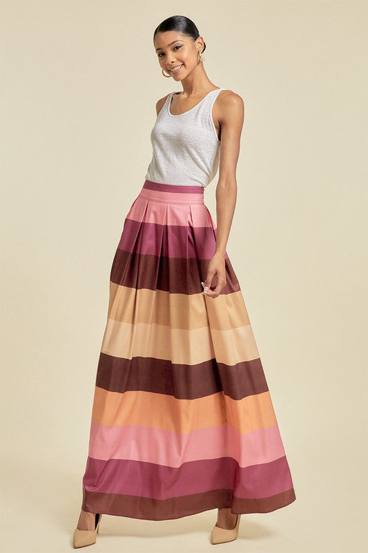 COLOR BLOCK MAXI SKIRT WITH POCKETS