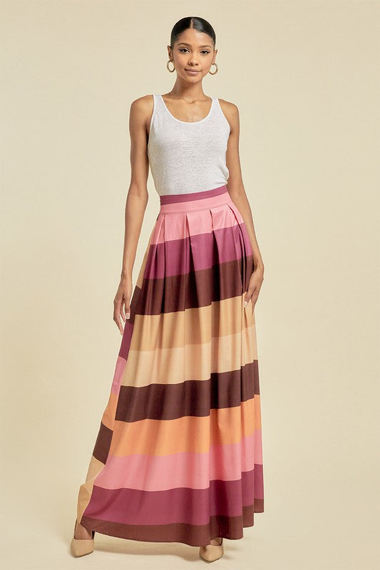 COLOR BLOCK MAXI SKIRT WITH POCKETS