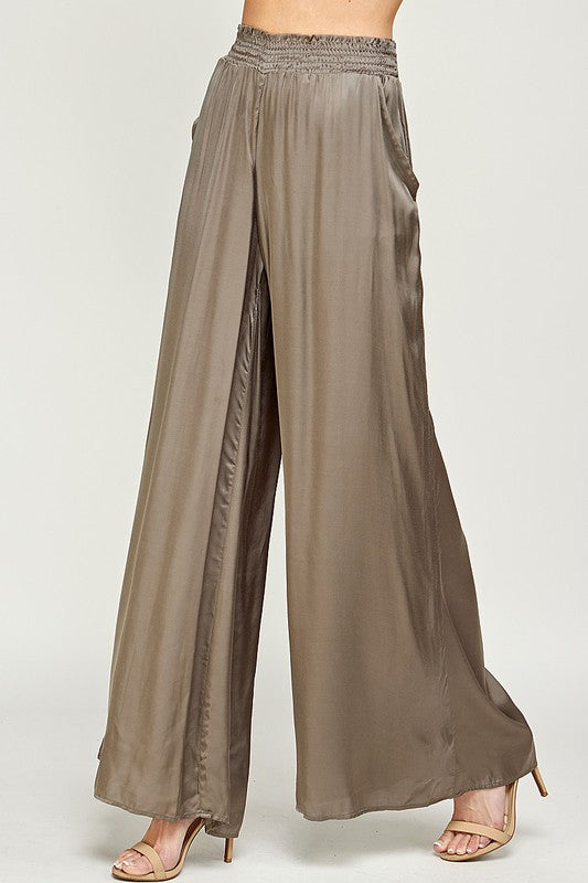 ELASTIC WAIST SATIN WIDE LEG PANTS