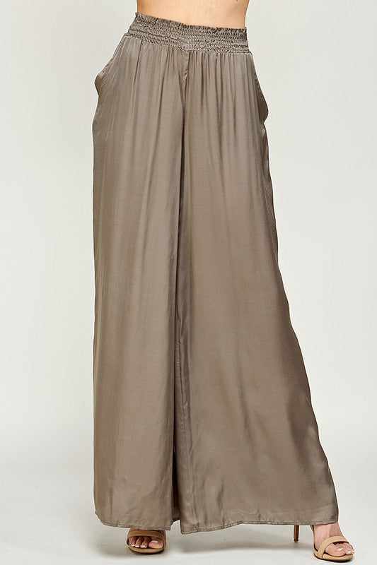 ELASTIC WAIST SATIN WIDE LEG PANTS