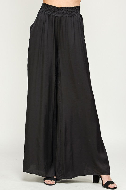 ELASTIC WAIST SATIN WIDE LEG PANTS