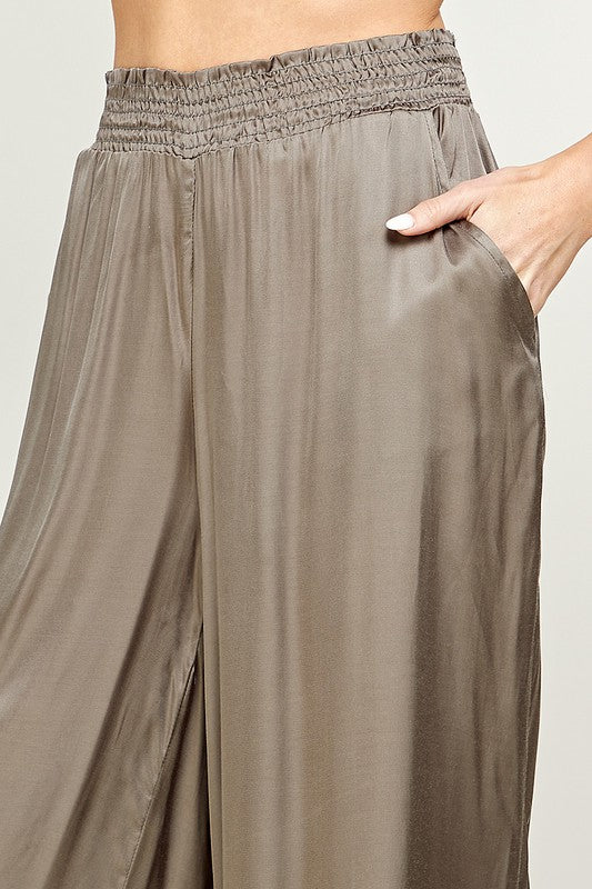 ELASTIC WAIST SATIN WIDE LEG PANTS