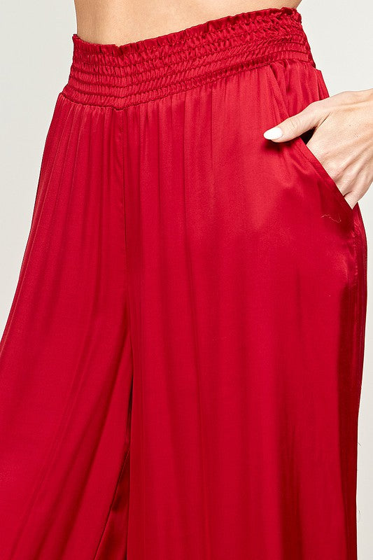 ELASTIC WAIST SATIN WIDE LEG PANTS