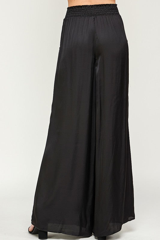 ELASTIC WAIST SATIN WIDE LEG PANTS