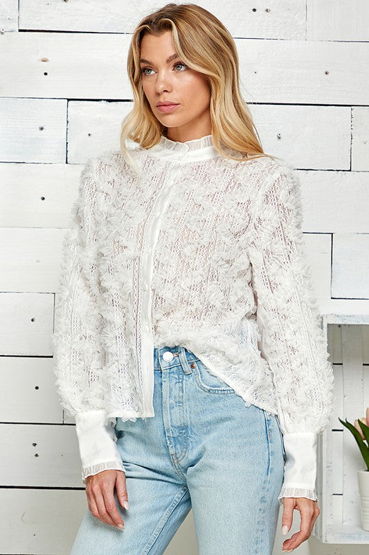 BUTTON DOWN LACE BLOUSE WITH RUFFLES