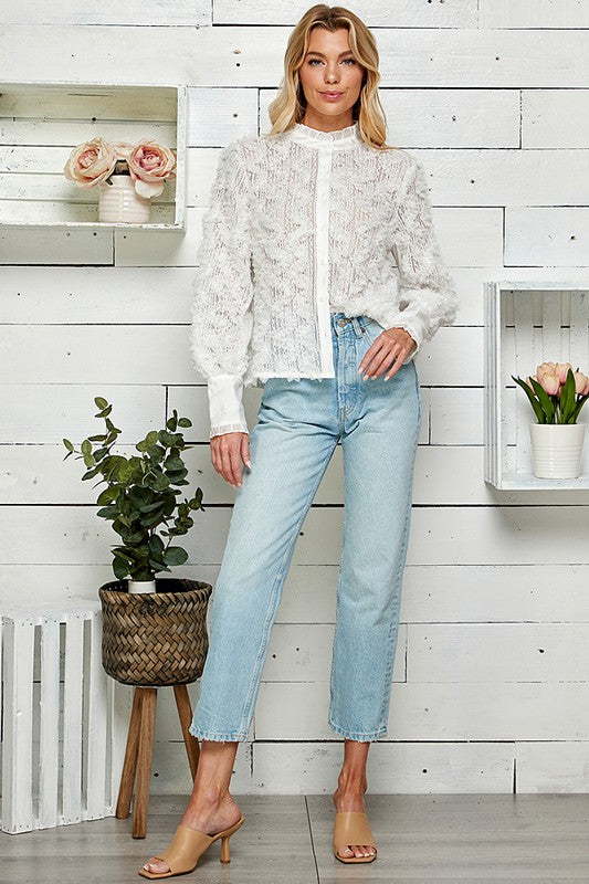 BUTTON DOWN LACE BLOUSE WITH RUFFLES