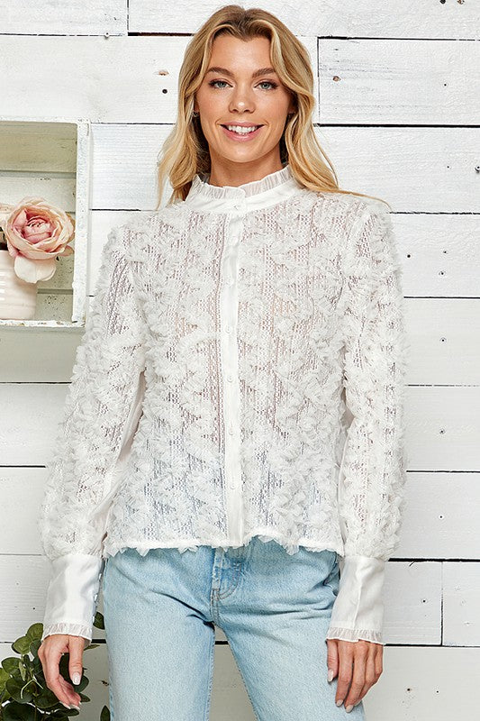 BUTTON DOWN LACE BLOUSE WITH RUFFLES