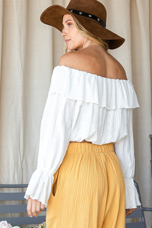 OFF SHOULDER EYELET CROP TOP