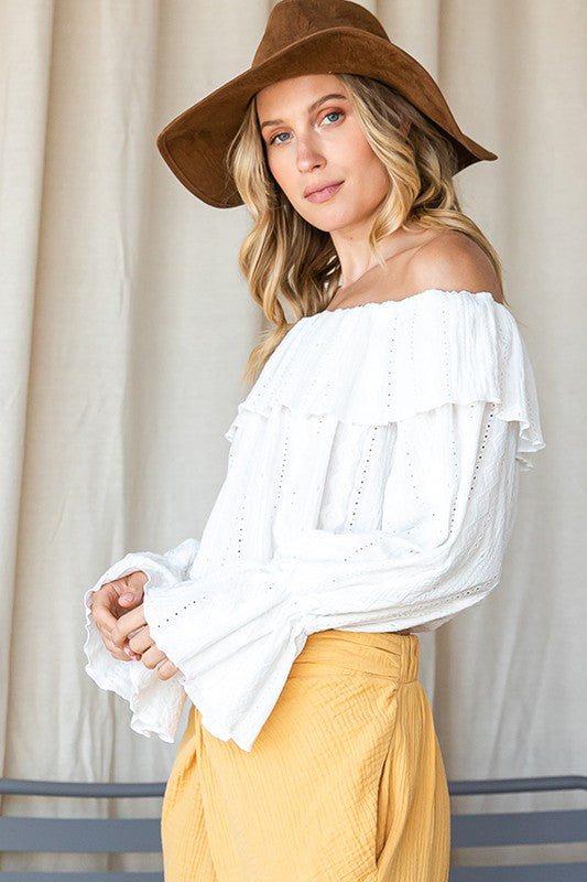 OFF SHOULDER EYELET CROP TOP