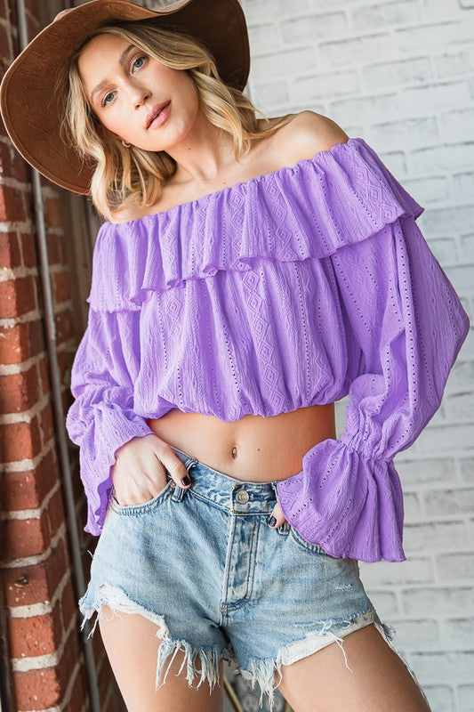 OFF SHOULDER EYELET CROP TOP