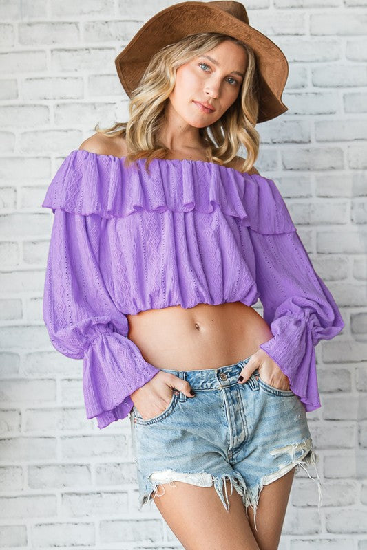 OFF SHOULDER EYELET CROP TOP