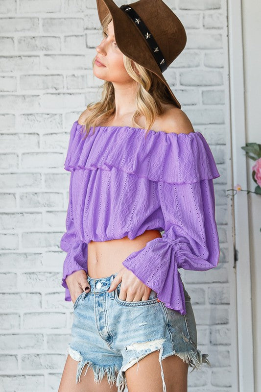 OFF SHOULDER EYELET CROP TOP