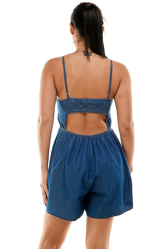 SMOCKED DENIM ROMPER