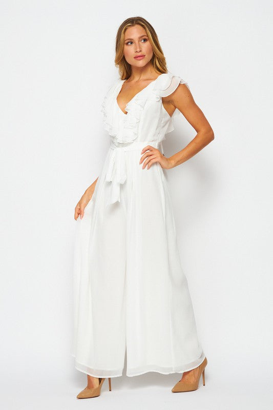 RUFFLES  JUMPSUIT WITH BELT -WHITE