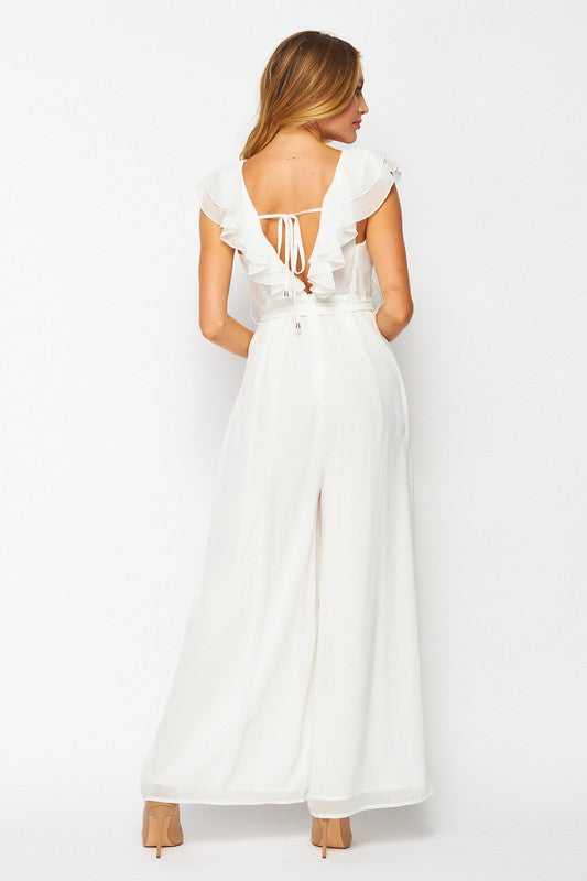 RUFFLES JUMPSUIT WITH BELT -WHITE