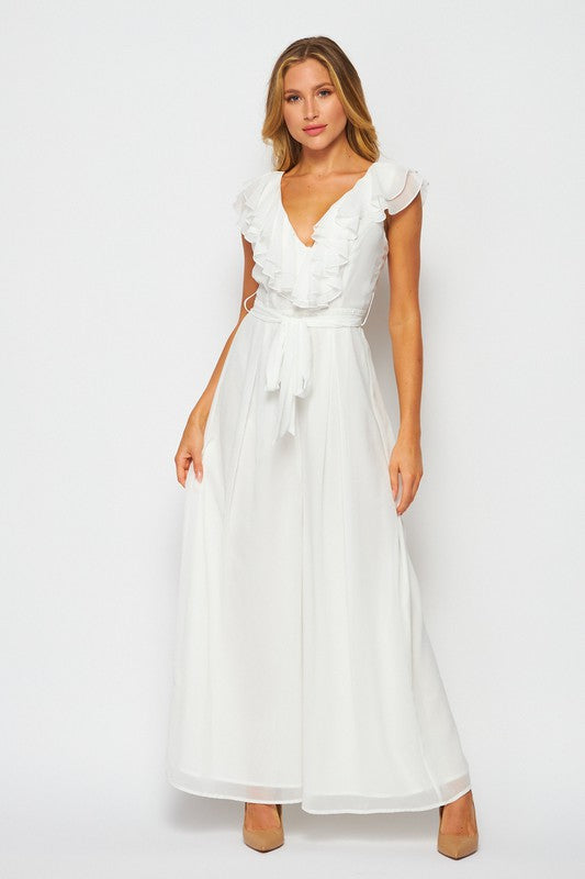 RUFFLES  JUMPSUIT WITH BELT -WHITE