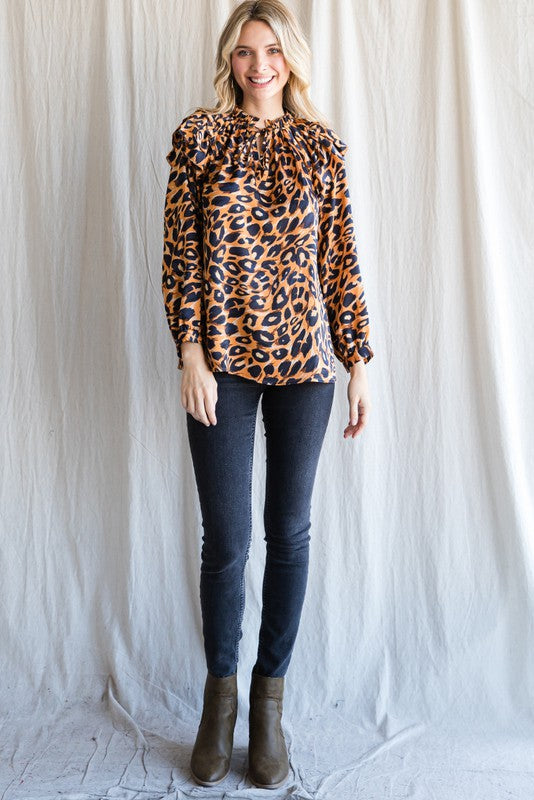 LEOPARD LAYERED RUFFLED SHOULDERS TOP
