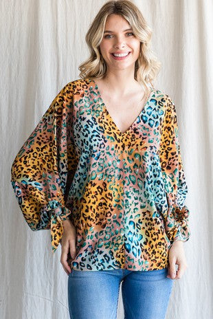LEOPARD 3/4 DOLMAN TIE SLEEVES TOP