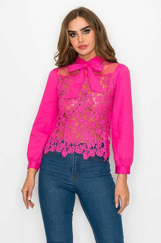 LACE TOP WITH COLLAR BOW