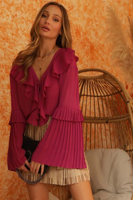 PLEATED RUFFLE BLOUSE