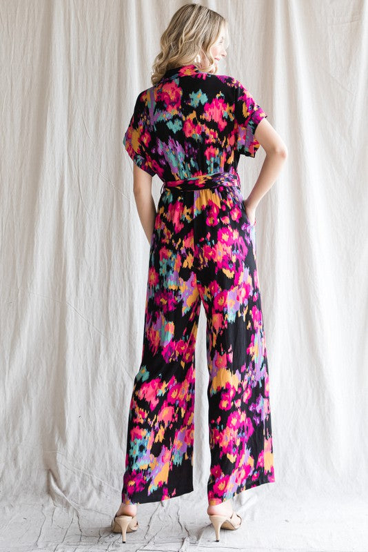 PRINT BELTED WIDE LEG JUMPSUIT