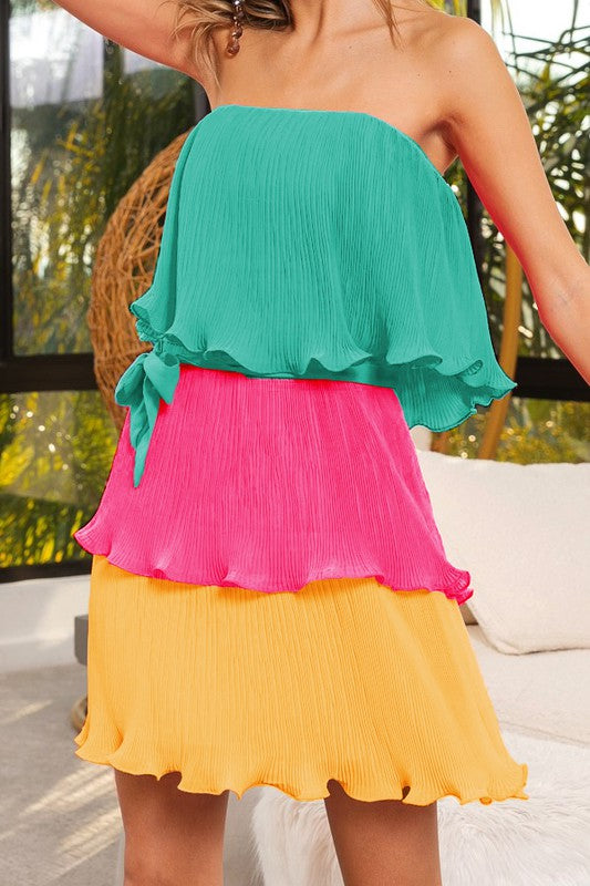COLOR BLOCK PLEATED TIERED DRESS