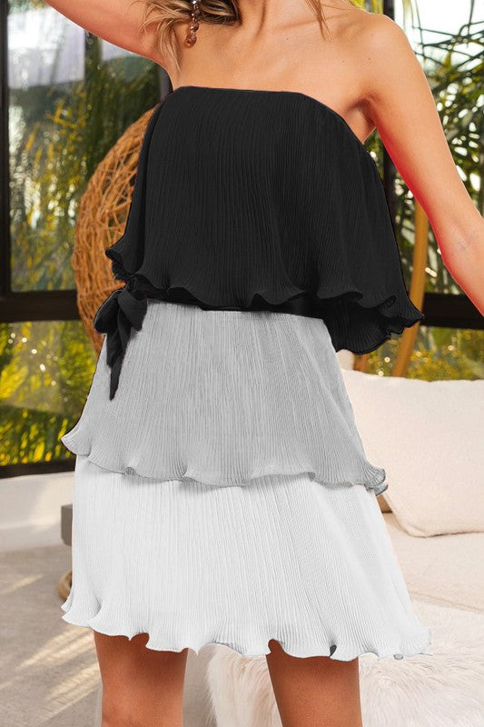 COLOR BLOCK PLEATED TIERED DRESS