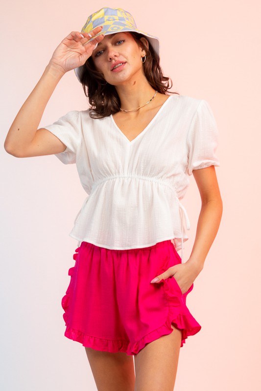 LINEN RUFFLE DETAIL SHORTS