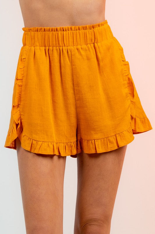 LINEN RUFFLE DETAIL SHORTS