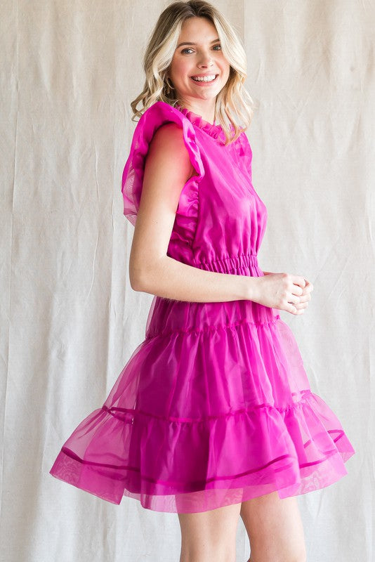 ORGANZA RUFFLED SHOULDER DRESS
