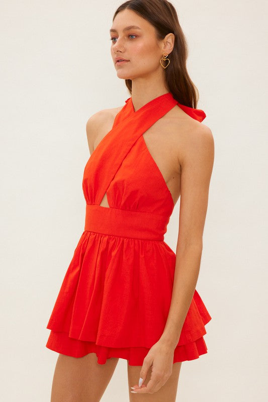 CROSS HALTER TIERED ROMPER